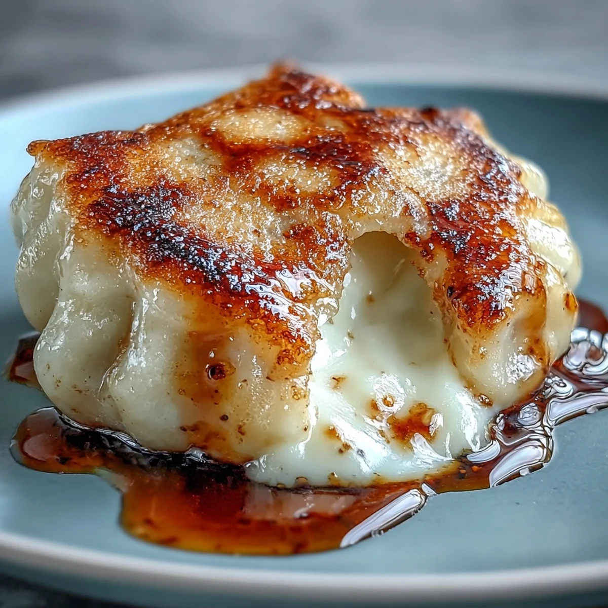 Golden-brown Chīzu Imomochi dumplings, drizzled with sticky soy-honey glaze and served warm.