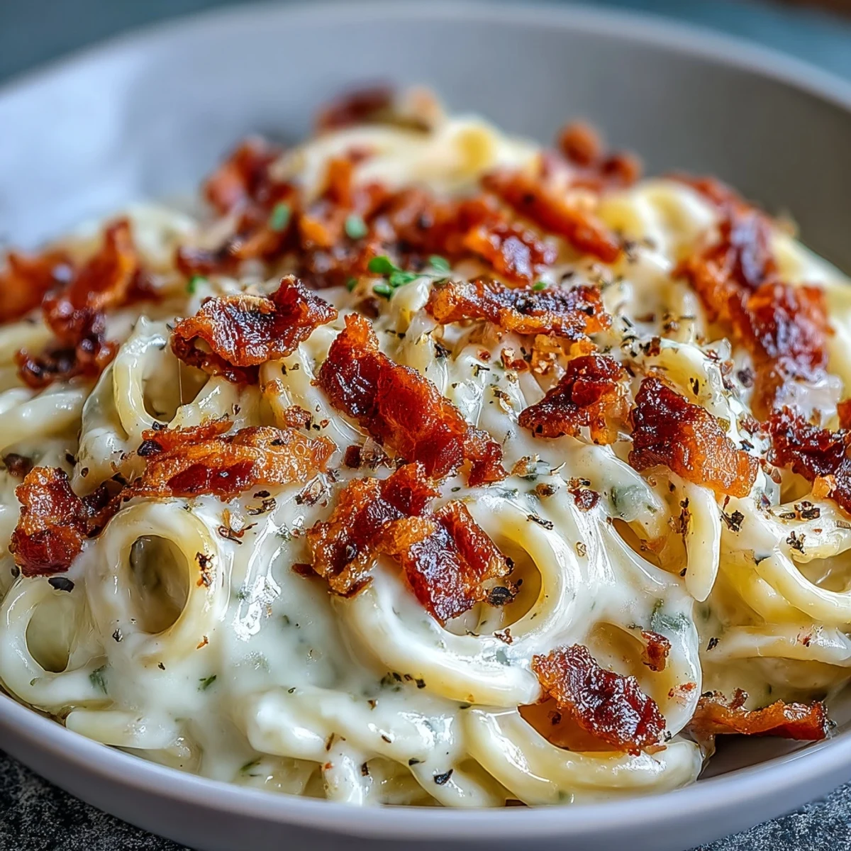 Golden Celeriac Carbonara with crispy pancetta and creamy egg sauce in a skillet.