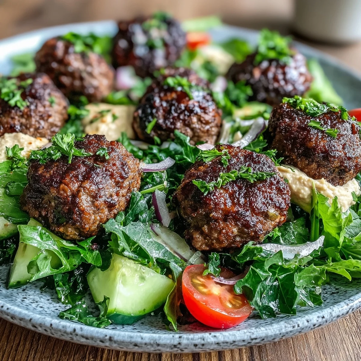 Close-up of tender spiced venison meatballs beside a bowl of smooth hummus and a bright, herb-filled salad.