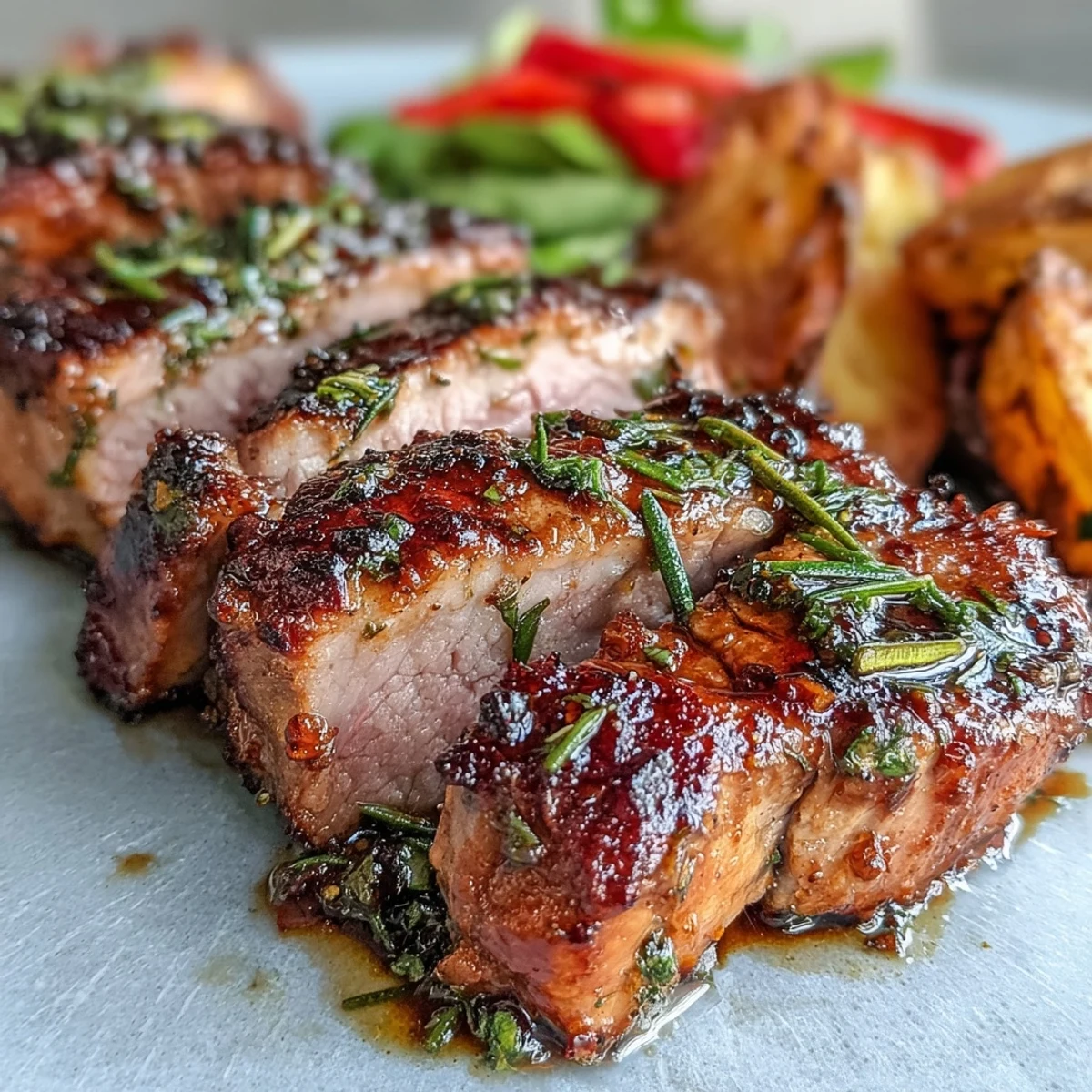 Freshly roasted Marinated Ibérico Pork Fillet sliced and served alongside golden crispy potatoes and tender roasted red peppers.