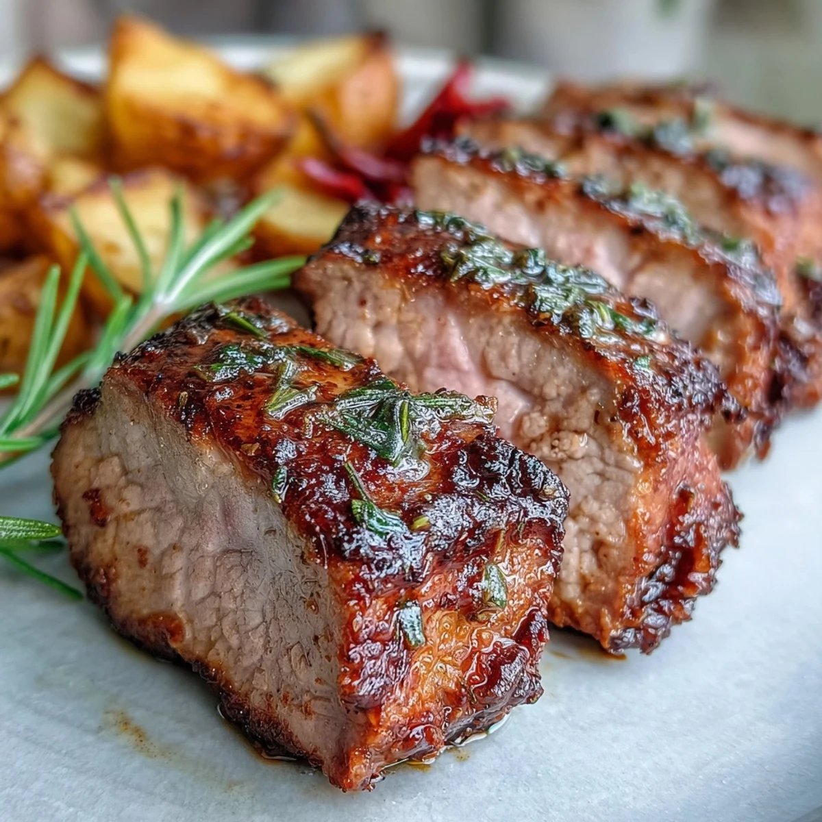 Roasted Marinated Ibérico Pork Fillet garnished with fresh rosemary, served with caramelized red peppers and crispy potatoes.
