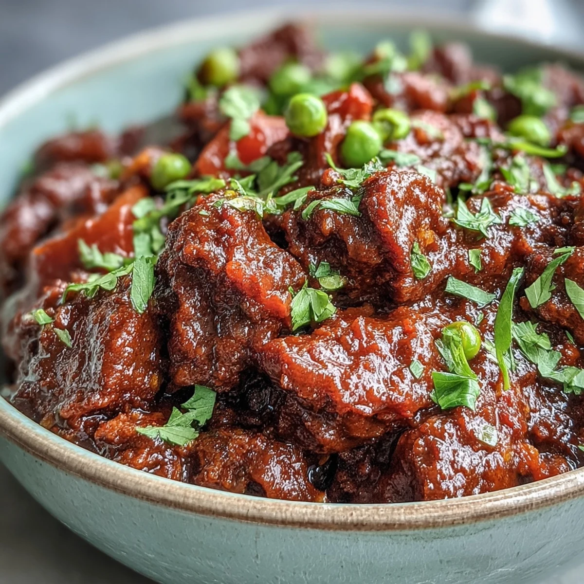 Freshly cooked Venison Keema Curry with tender ground meat, green peas, and aromatic Indian spices steaming in a rustic skillet.