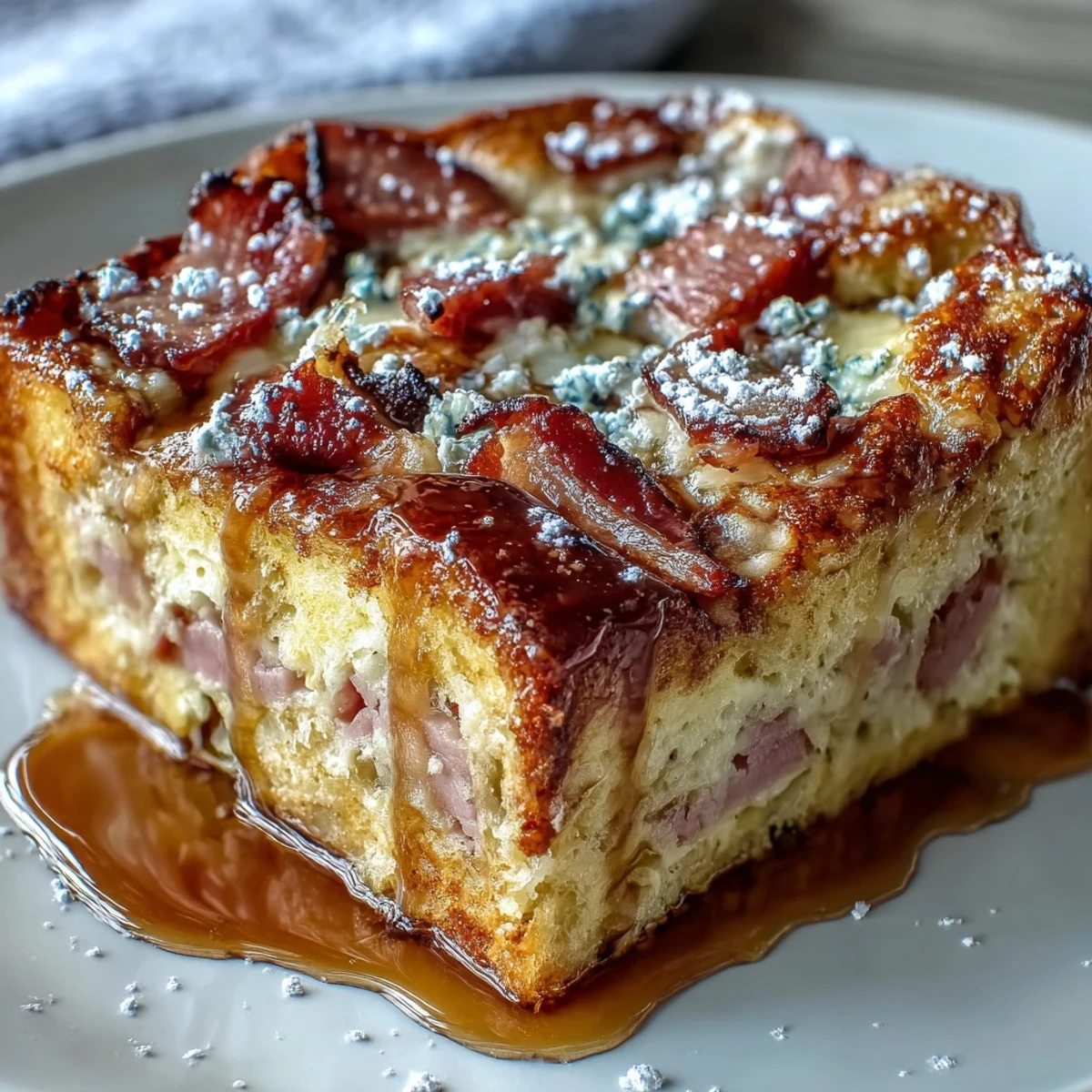 Golden-brown Monte Cristo Breakfast Casserole fresh from the oven, dusted with powdered sugar and ready for maple syrup.