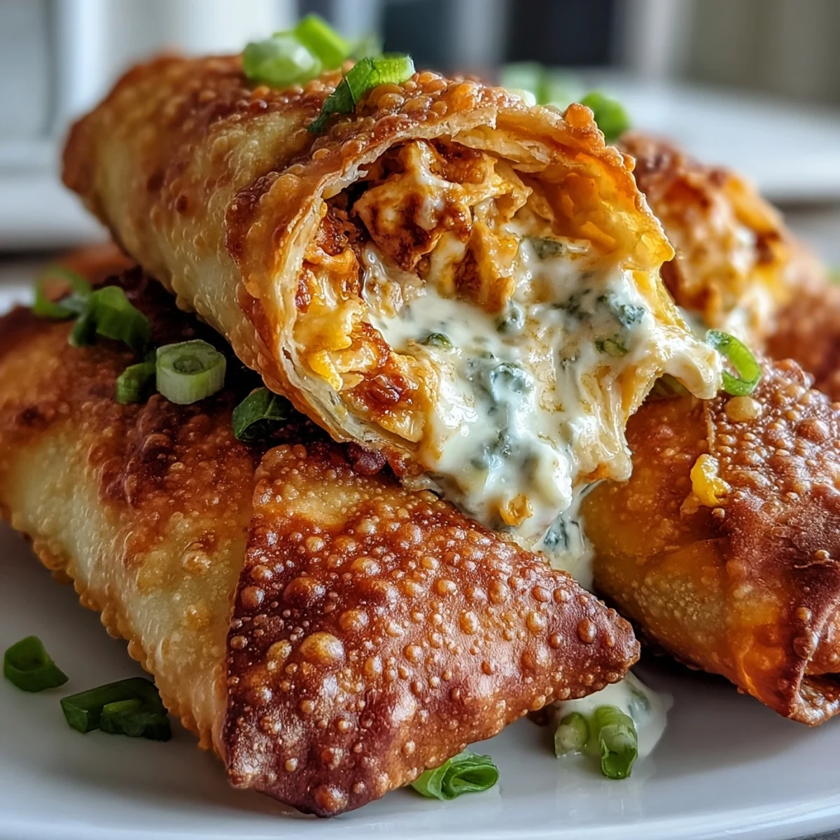 Four golden Buffalo Chicken Dip Egg Rolls arranged on a white plate with a bowl of ranch dressing and chopped green onions garnish.