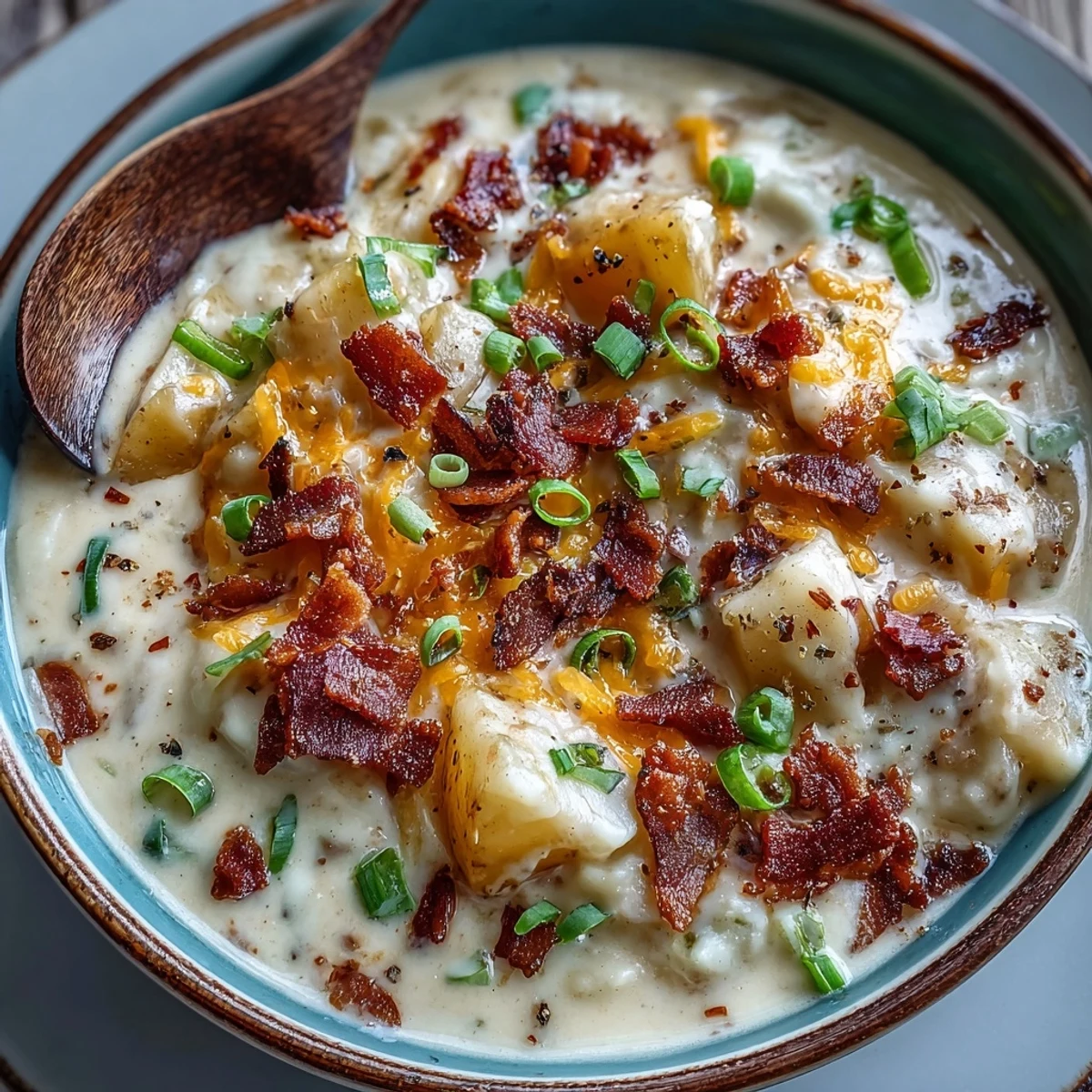A comforting bowl of Loaded Potato Soup with velvety texture, served with cheesy garnish and crumbled bacon on top.