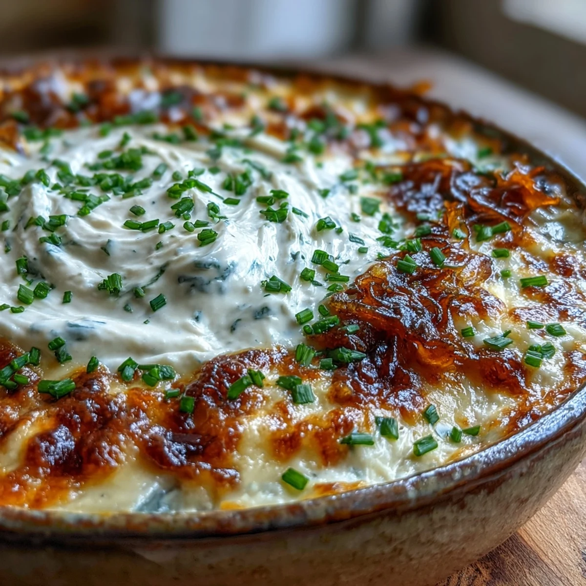 Golden, bubbly Smoked Gouda & Onion Dip fresh from the oven with chopped chives on top.