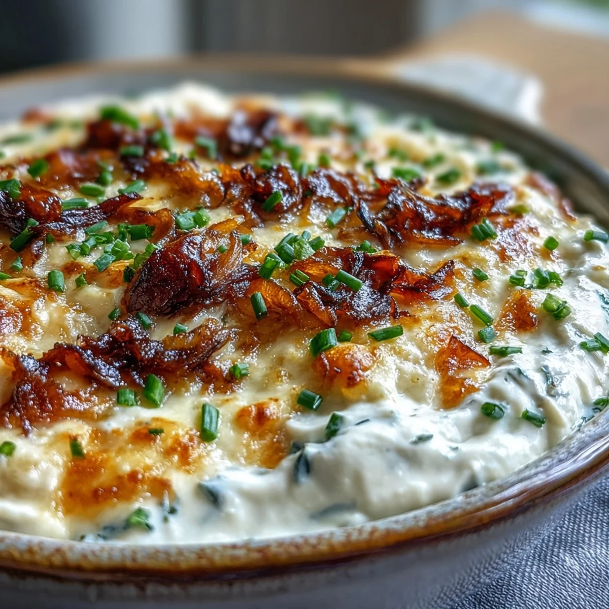 Warm, creamy Smoked Gouda & Onion Dip served with crunchy tortilla chips for dipping.