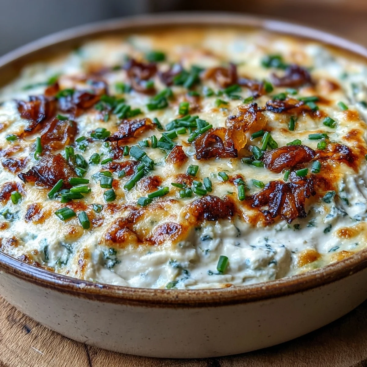Cheesy Smoked Gouda & Onion Dip garnished with chives alongside fresh vegetable crudités.