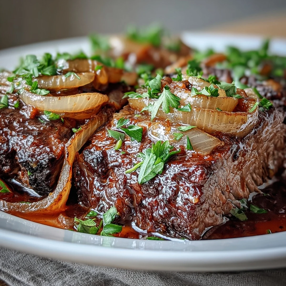 This slow-cooked Savory Crock Pot French Onion Pot Roast is served steaming in a bowl, perfect over mashed potatoes.