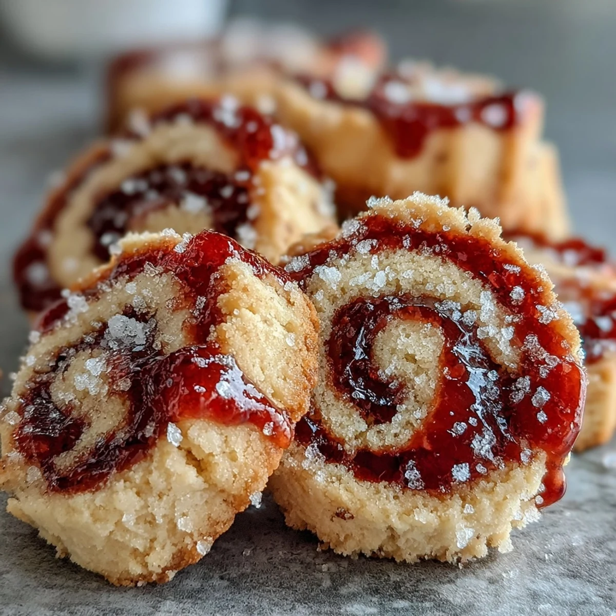 Golden Raspberry Swirl Shortbread Cookies rest on a cooling rack, featuring a bright red jam center.