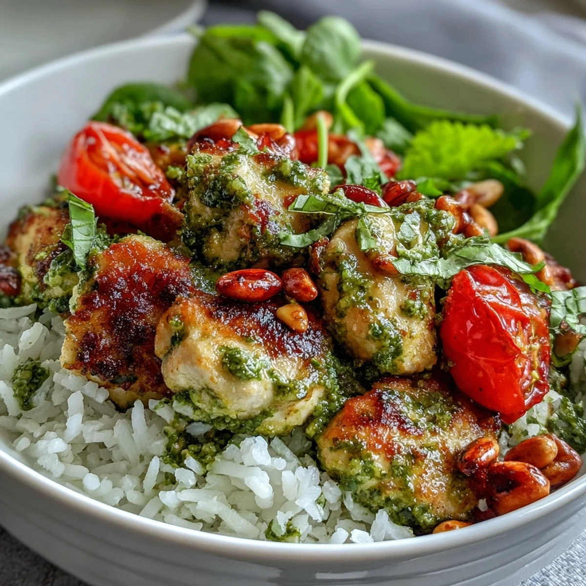 Golden-brown pesto chicken pieces rest on fluffy white rice, topped with cherry tomatoes, cucumber, and sliced avocado in a serving bowl.
