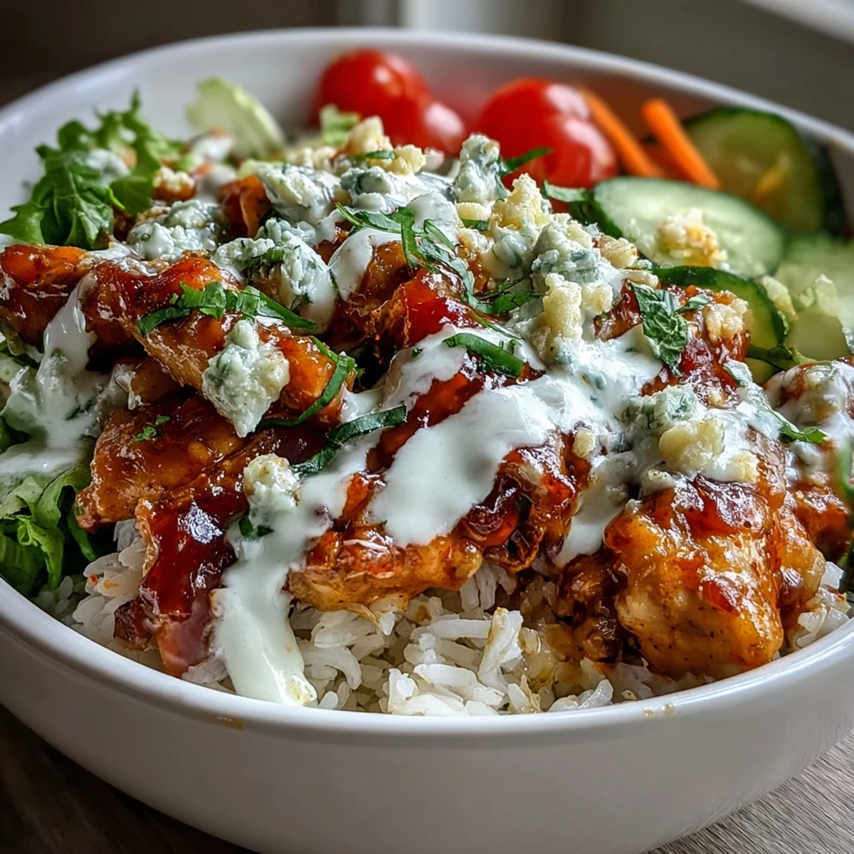 A vibrant American-style Buffalo Chicken Bowl garnished with parsley, featuring warm rice, vegetables, and a rich, buttery sauce.