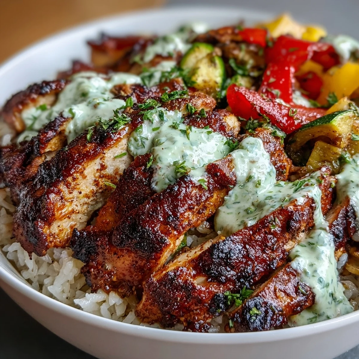 Overhead view of a hearty Blackened Chicken Bowl with juicy meat, charred veggies, and a dollop of zesty lime crema on fluffy rice.