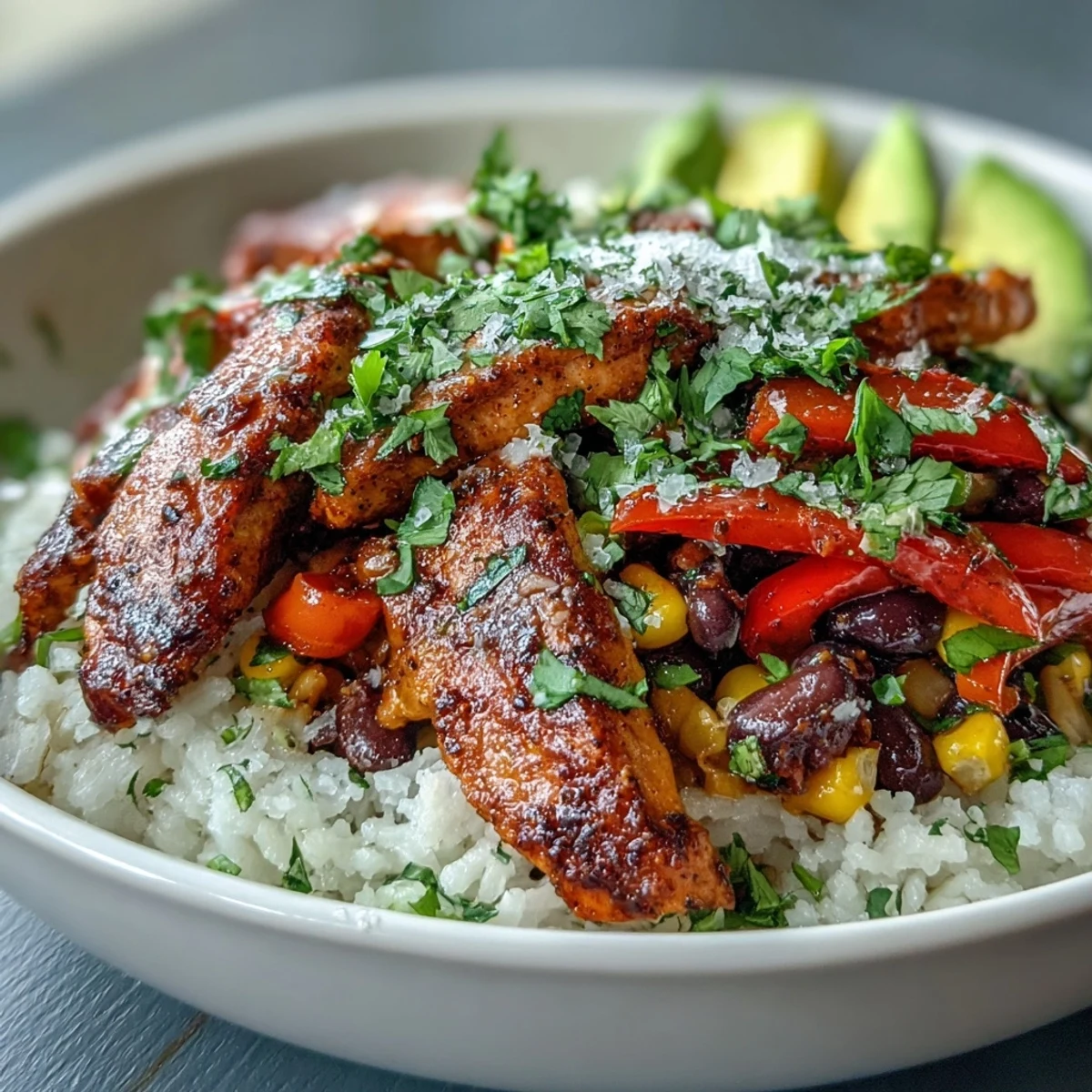 This close-up of a Cajun Chicken Bowl highlights golden seared chicken, sweet corn, and black beans over steaming rice with peppers.