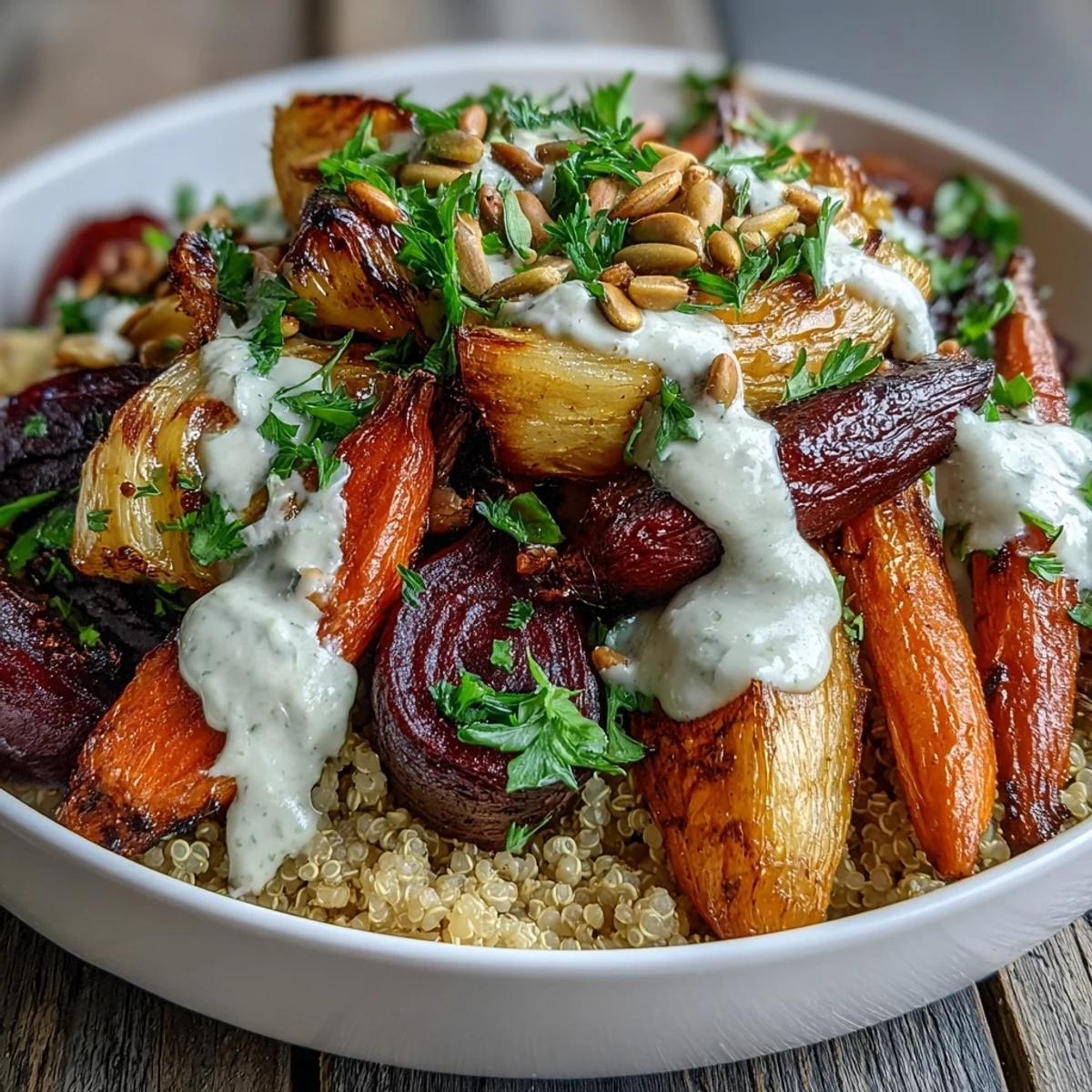 Roasted Root Vegetable Bowl with caramelized carrots, beets, and turnips atop fluffy quinoa, drizzled with creamy tahini.
