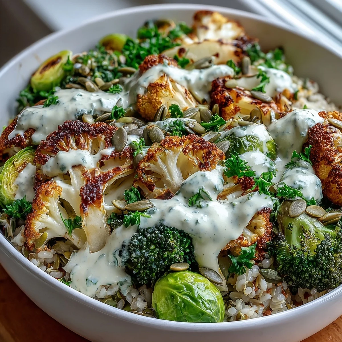 Roasted Brassica Bowl with golden broccoli, Brussels sprouts, and grains, drizzled with zesty tahini-lemon dressing.