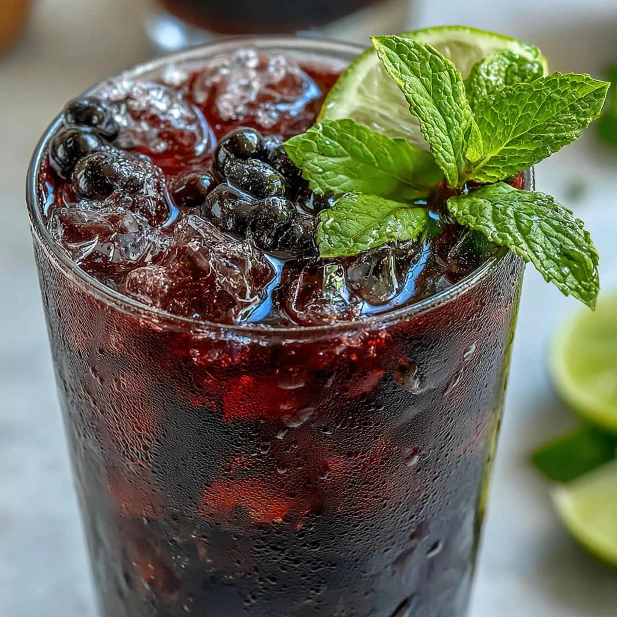 Black Currant Mojito cocktail served in a tall glass with crushed ice, mint leaves, and fresh lime wedge garnish.