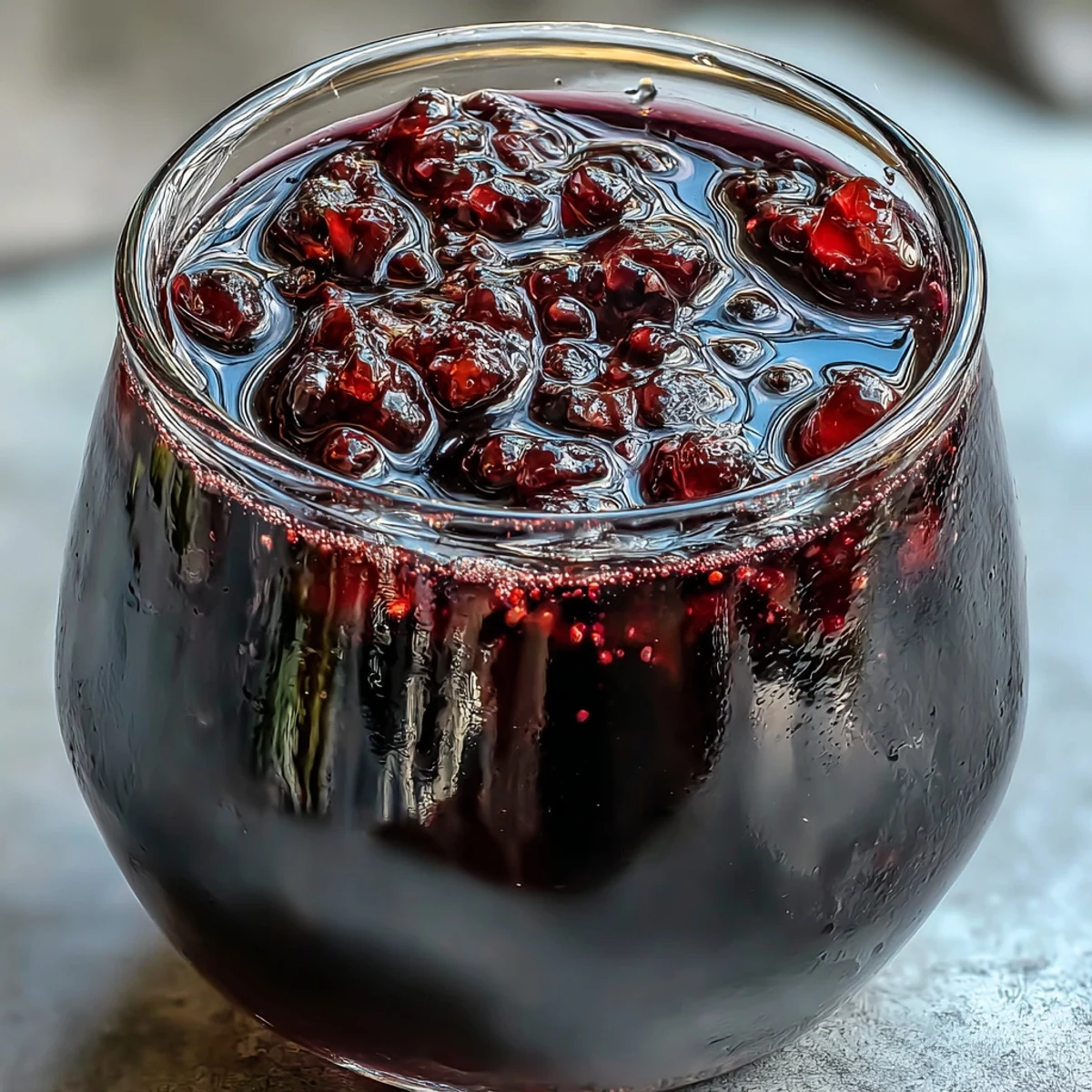 Dark purple Blackcurrant Vodka Liqueur in a crystal glass with ice, garnished with fresh berries, perfect for a sophisticated after-dinner drink.