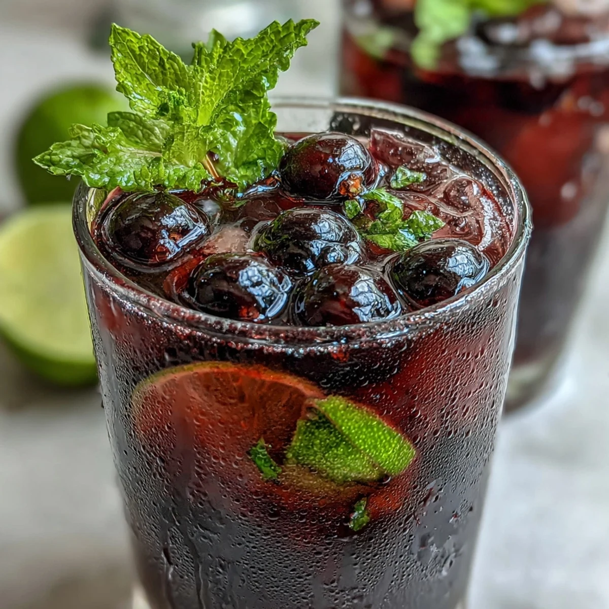 Two Tangy Blackcurrant Mojitos topped with mint sprigs and fresh berries, ready to serve on a summer day.
