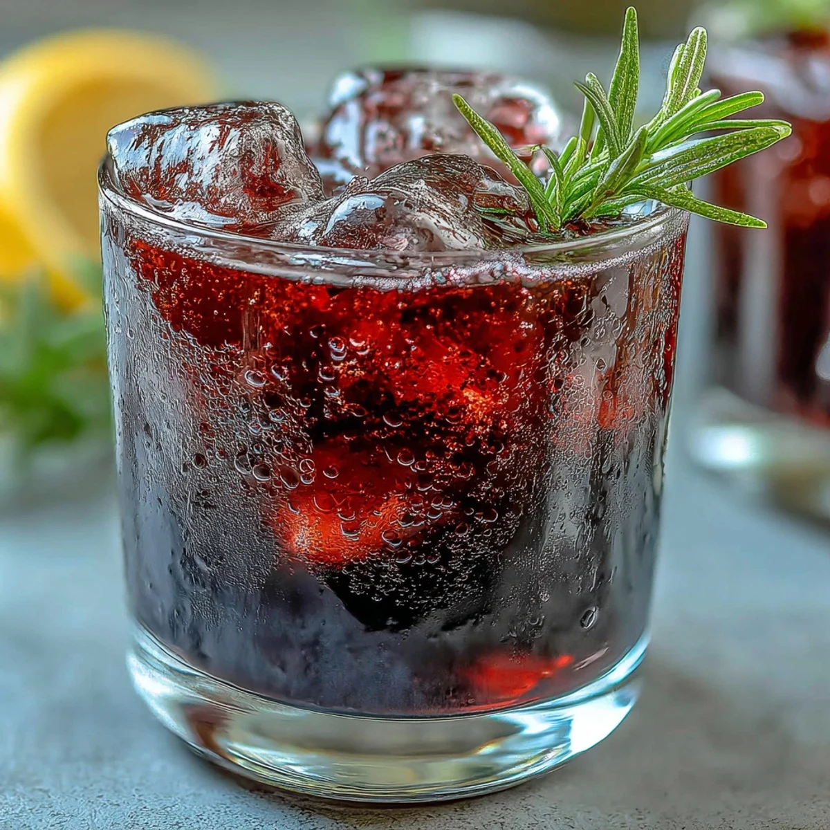 Black Currant Rosemary Cocktail with aromatic rosemary, bourbon, and black currant liqueur over fresh ice, garnished with a sprig.