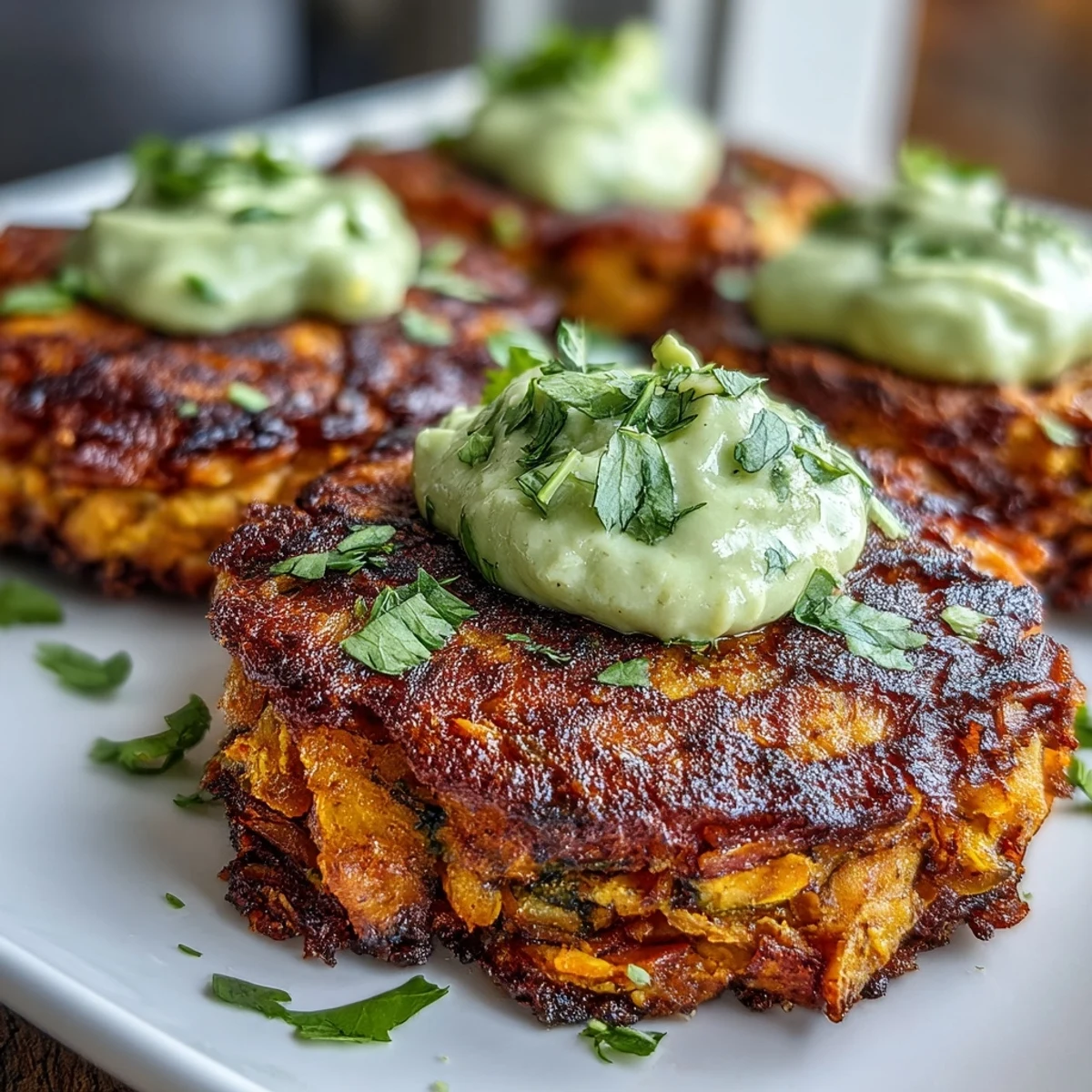 Golden-brown Crispy Sweet Potato & Red Lentil Patties on a plate with creamy avocado cilantro sauce for dipping.