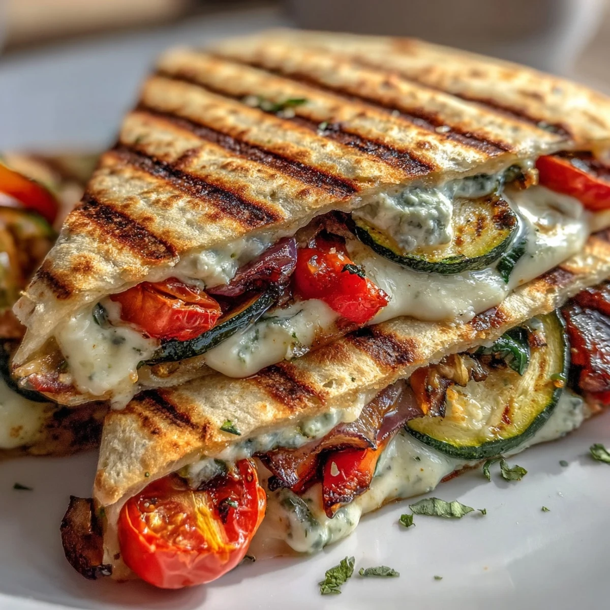 Crispy, golden-brown whole wheat tortilla folded over smoky grilled veggies and melted mozzarella. 