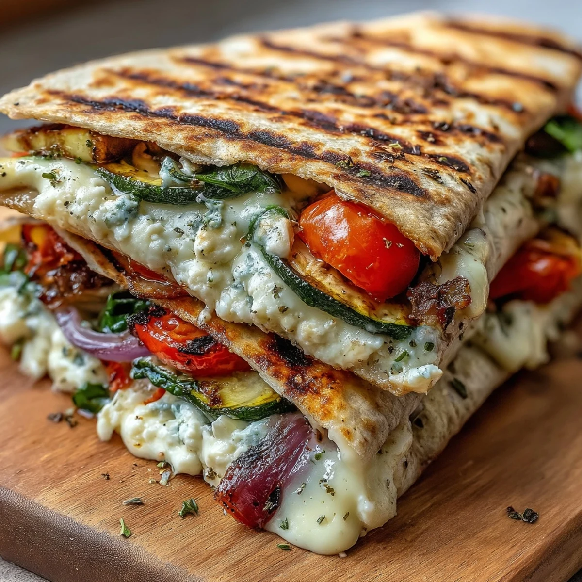 Freshly grilled vegetable and feta quesadilla sliced into wedges on a rustic wooden board.