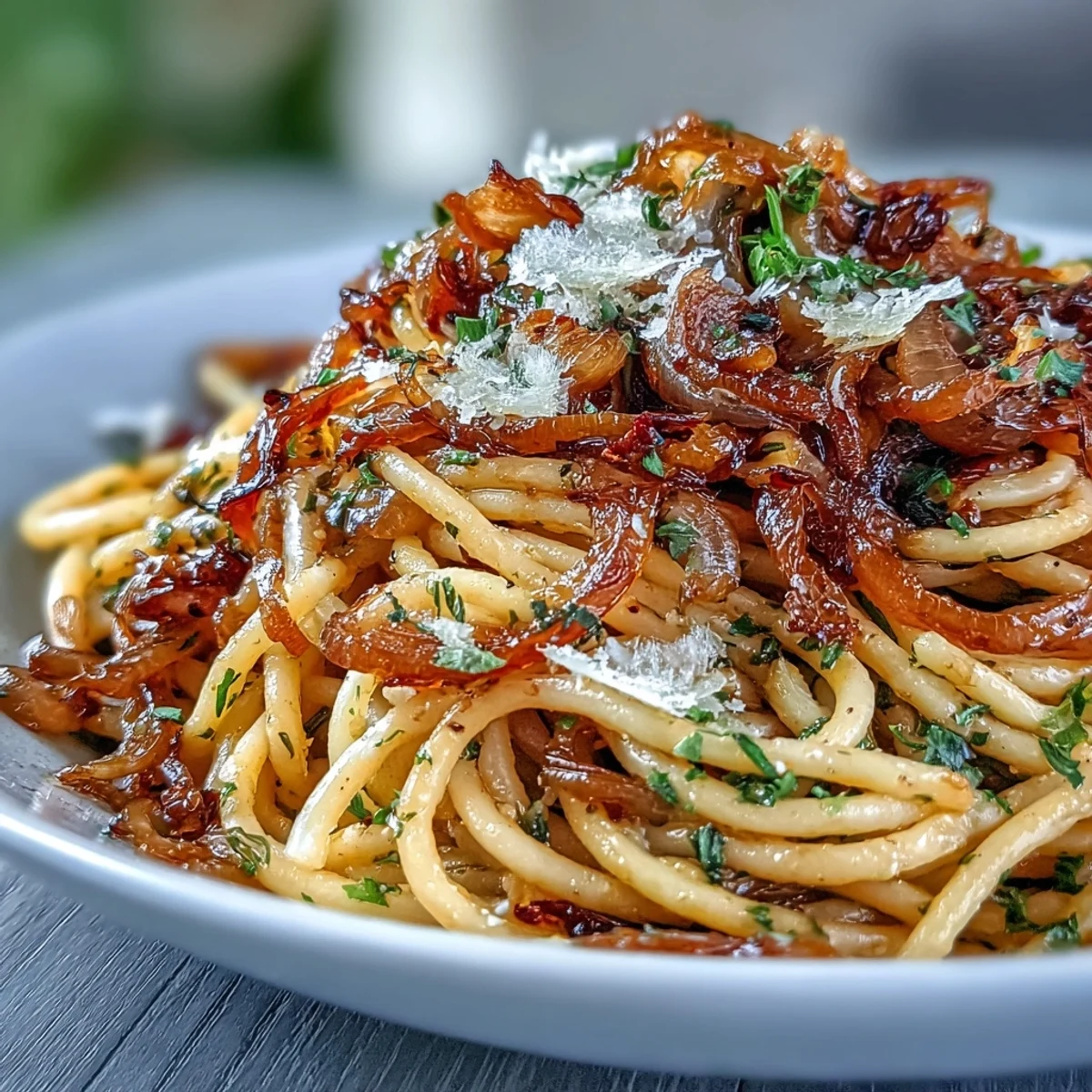 Savory, sweet, and spicy pasta dish served hot in a white bowl, garnished with chopped fresh basil for color.
