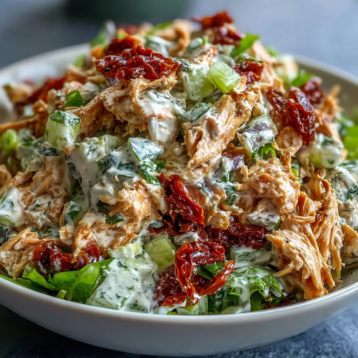 Creamy sun-dried tomato chicken salad with celery and fresh basil, served in a rustic bowl for dipping or spreading.