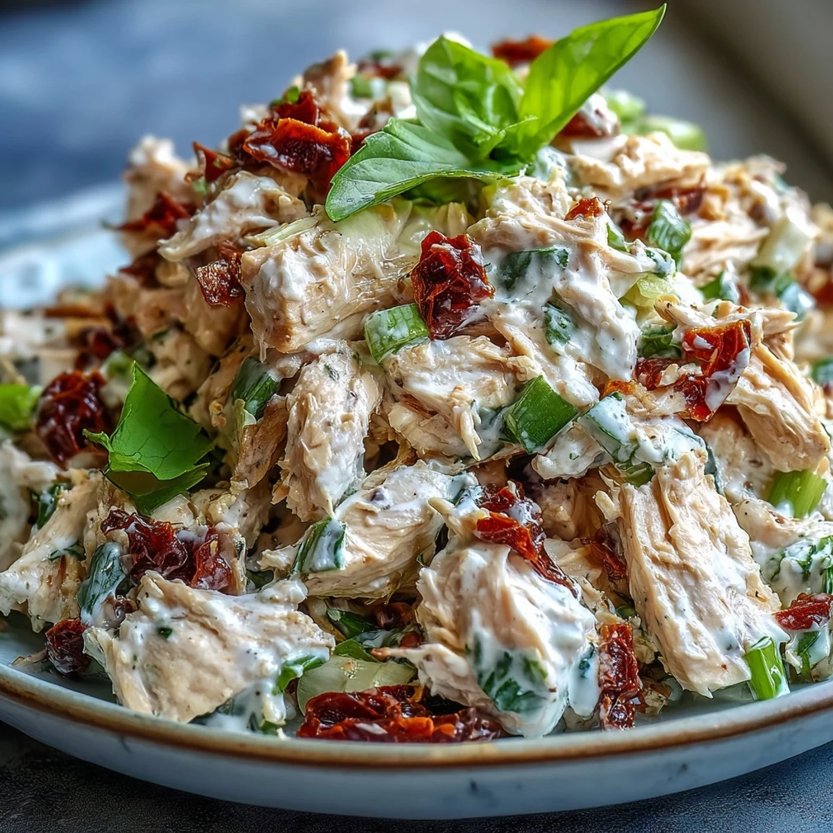 Tender shredded chicken salad tossed with tangy sun-dried tomatoes, Greek yogurt, and mayo, ready for pita pockets or sandwiches.