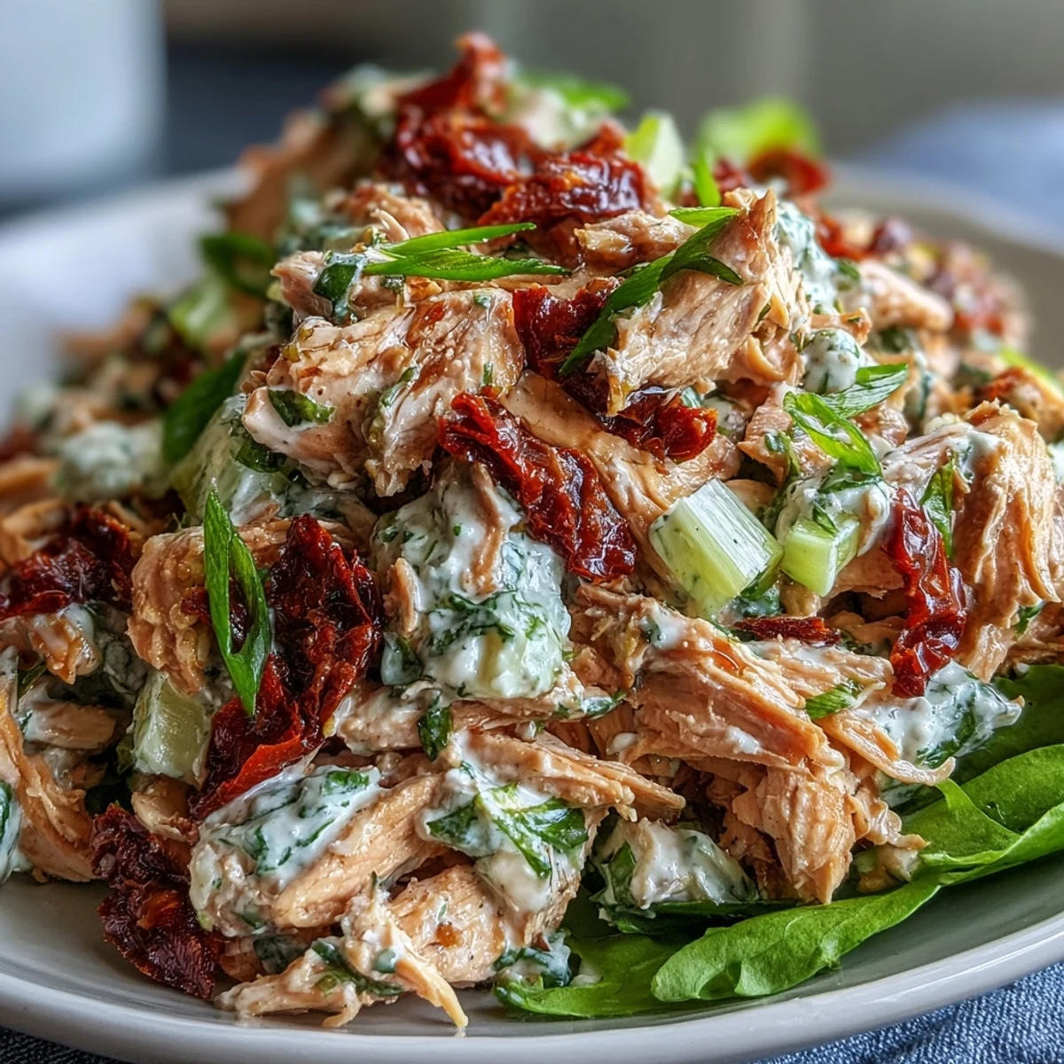 Vibrant high-protein sun-dried tomato chicken salad featuring crisp veggies and basil-garlic dressing, paired with crackers for an easy lunch.