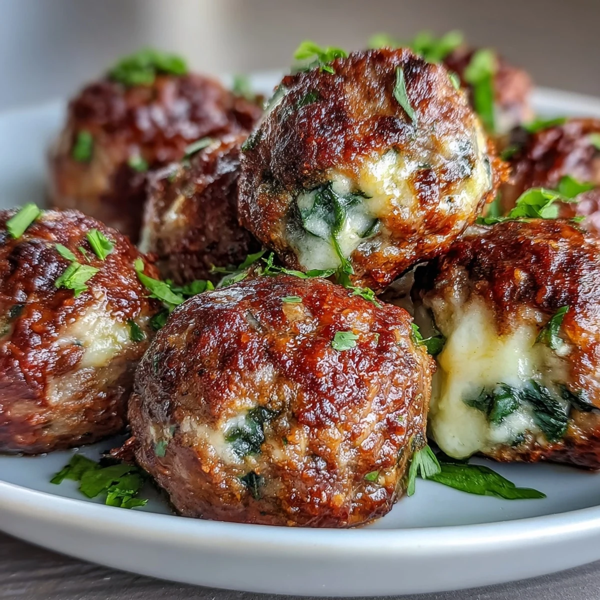 Golden-baked Spinach Garlic Meatballs with gooey mozzarella centers rest on a platter, garnished with fresh parsley.