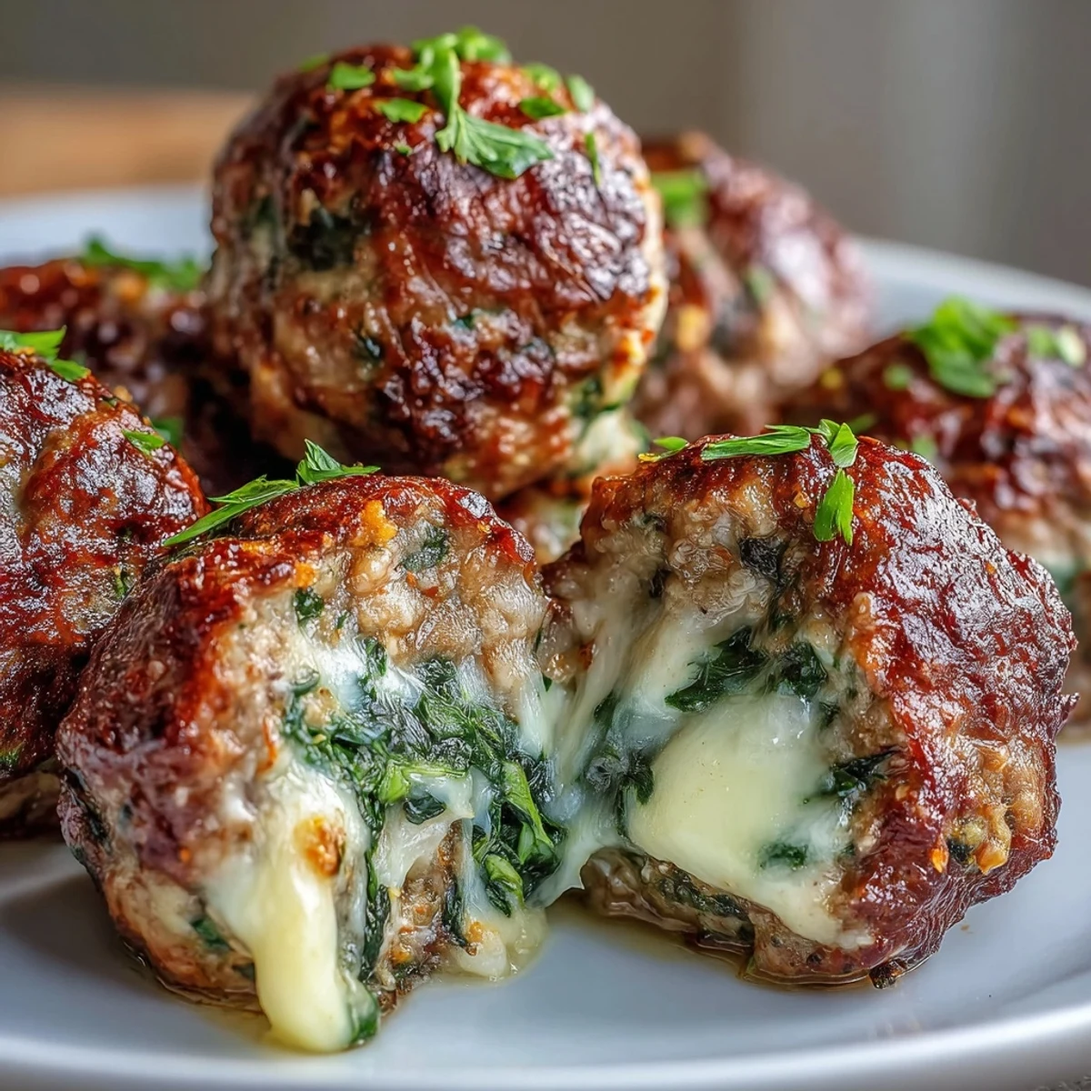 Spinach Garlic Meatballs with a crispy sear sit atop garlic bread, ready to be dipped into marinara.