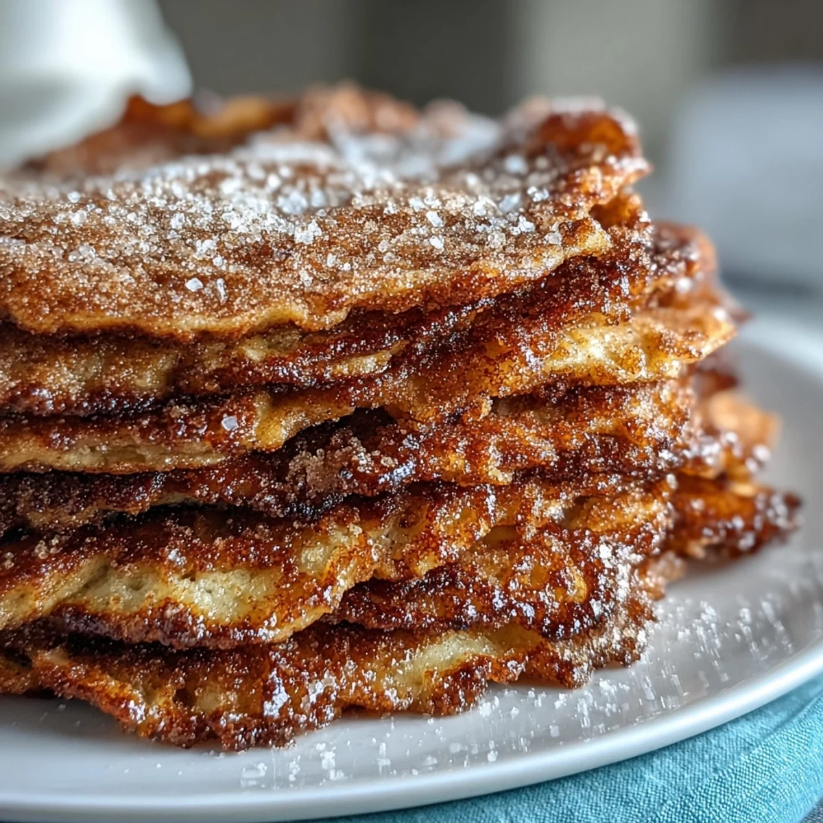 Golden-brown Spanish Churro-Inspired Pancakes stacked high, generously coated in sparkling cinnamon sugar for a sweet breakfast treat.