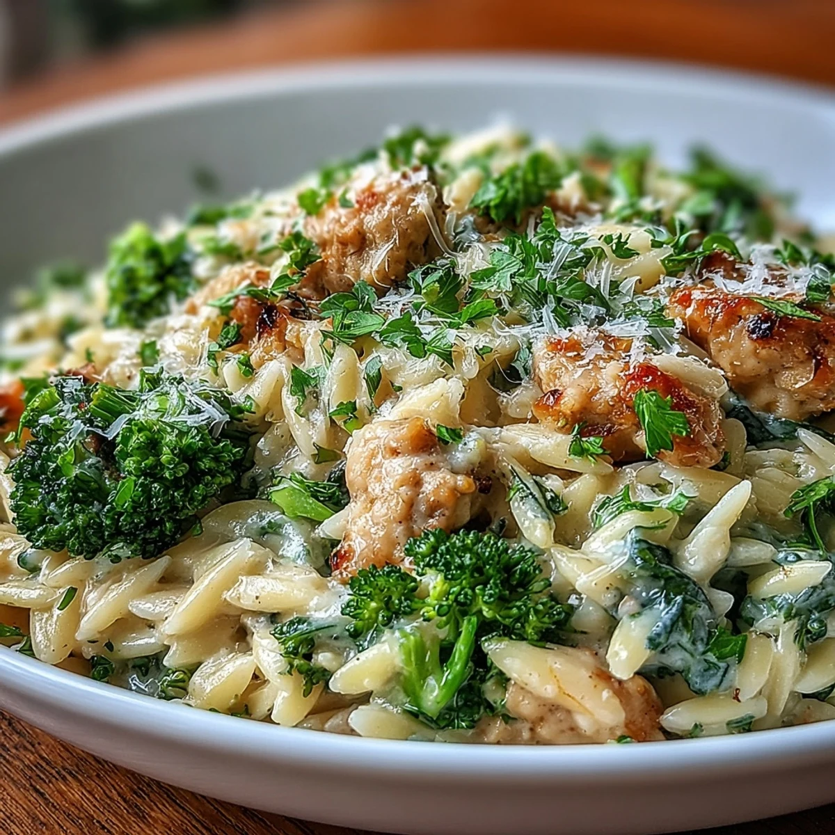 Steam rises from a skillet of Creamy Garlic Turkey & Broccoli Orzo, featuring tender turkey, green broccoli florets, and cheesy pasta.