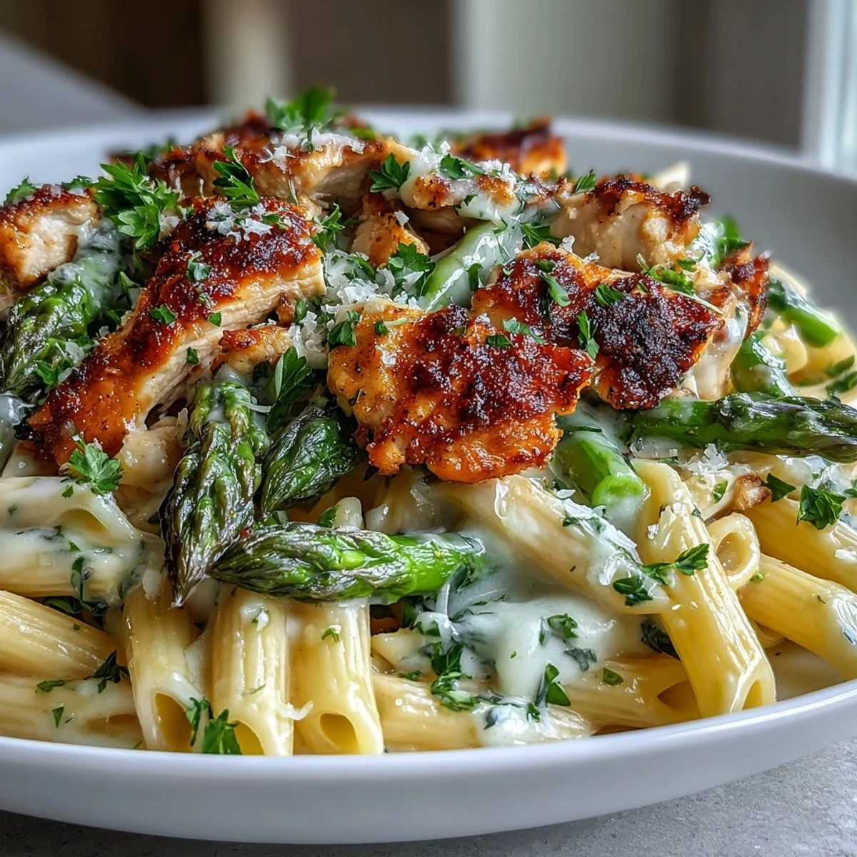 Golden, crispy Parmesan asparagus and sliced seared chicken tossed with penne in a creamy garlic sauce, topped with fresh parsley.