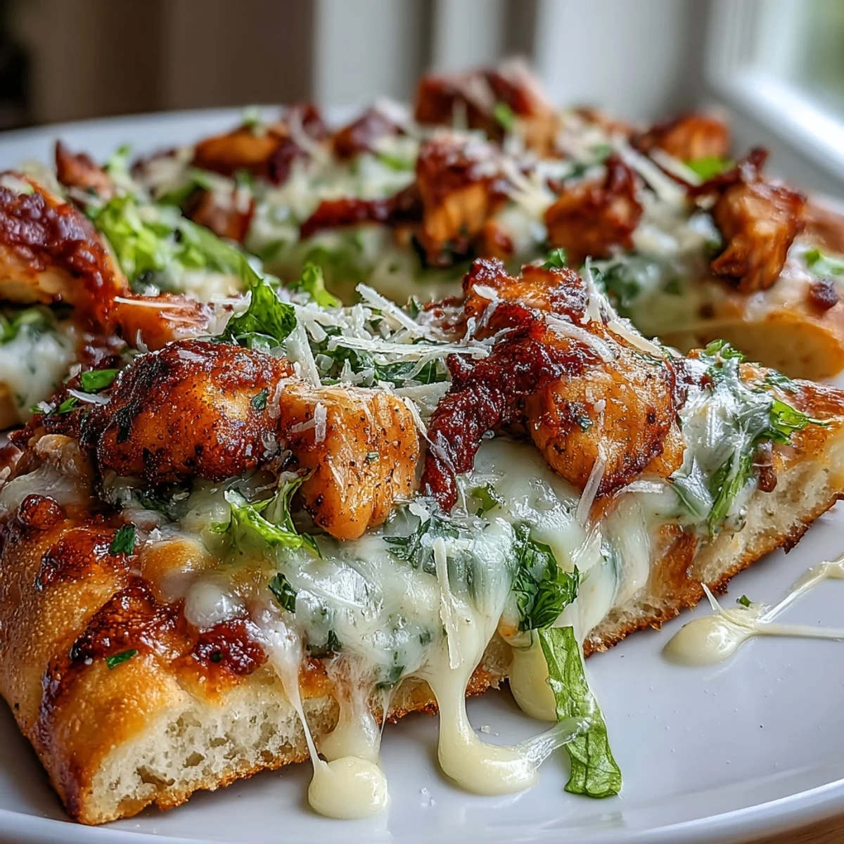 Golden, bubbly mozzarella and parmesan top garlic naan breads piled with Caesar-dressed chicken and crisp romaine.
