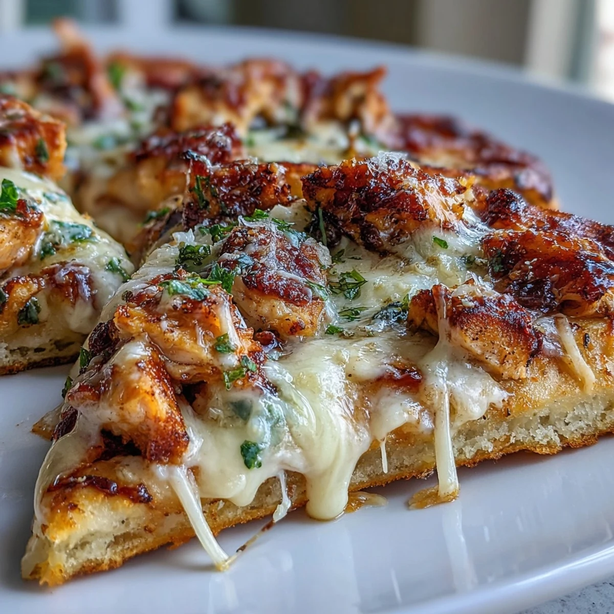 Freshly chopped romaine and shaved parmesan garnish the baked Garlic Naan Chicken Caesar Pizzas, drizzled with dressing.