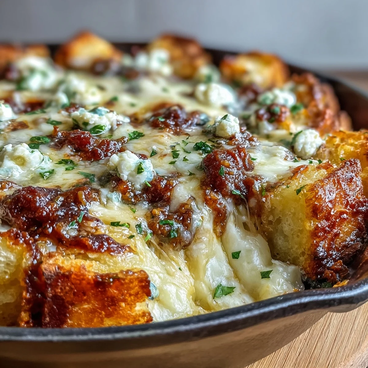 Golden, bubbly mozzarella tops layers of the Cheesy Garlic Bread Lasagna Skillet, served hot from the oven.