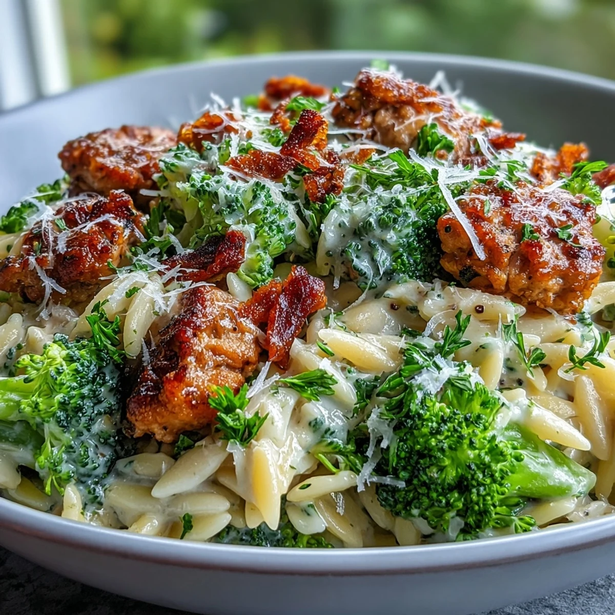 Creamy Garlic Turkey & Broccoli Orzo spooned into a white bowl, tender broccoli florets and juicy turkey in a rich, silky garlic sauce.