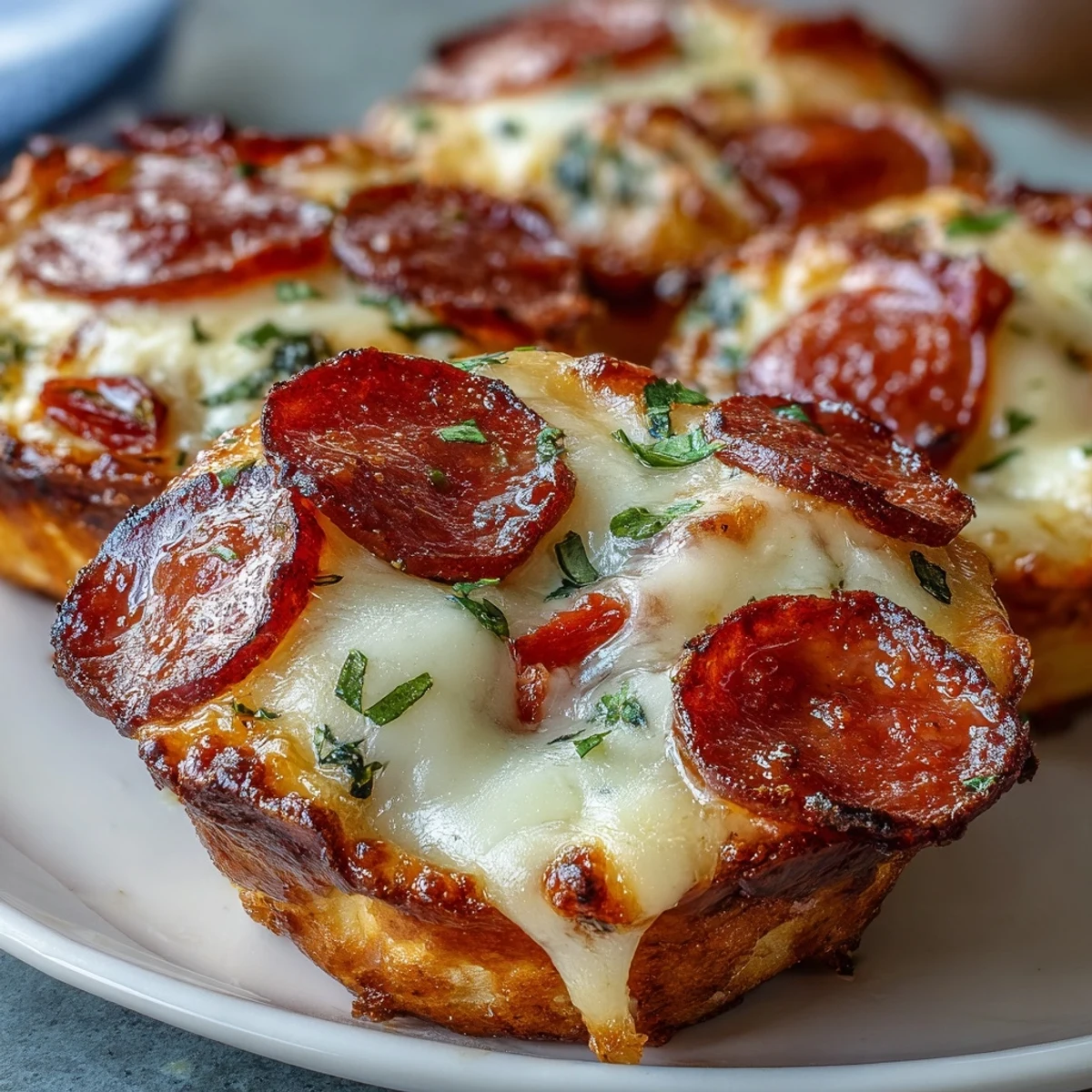 Six savory High-Protein Pepperoni Breakfast Cups served warm on a white plate, ready for a quick, protein-rich morning meal.