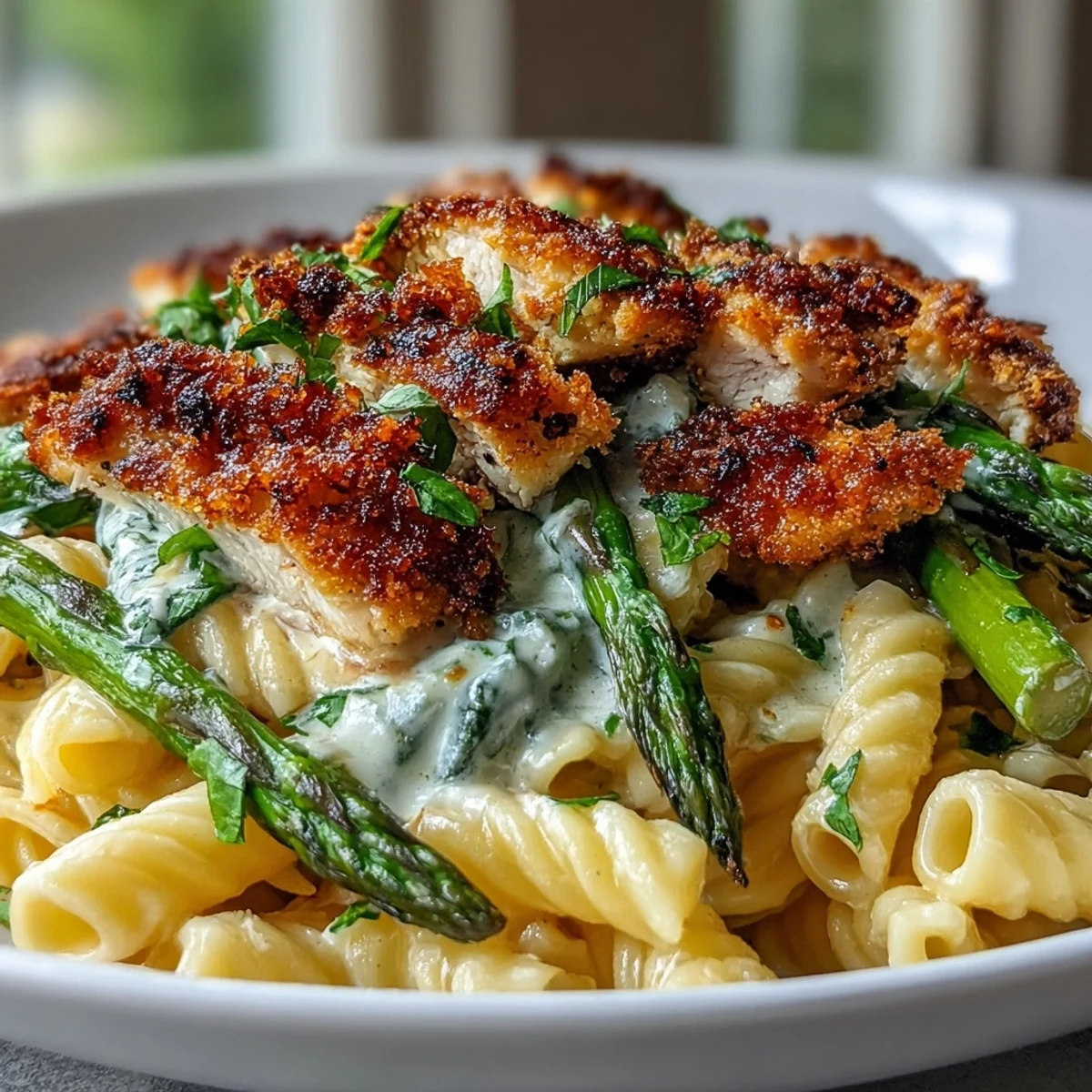 A close-up of Crispy Parmesan Asparagus Chicken Pasta highlights crunchy toppings and fresh parsley garnish.