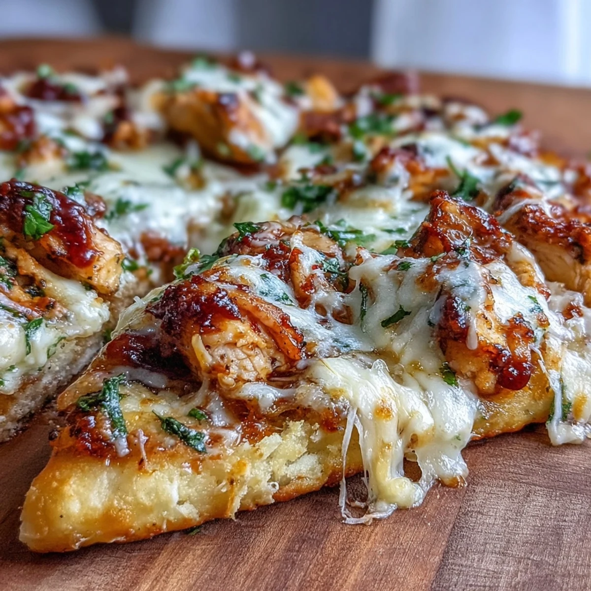 Golden, bubbly mozzarella and melted Parmesan top garlic naan pizzas loaded with Caesar-dressed chicken, finished with crisp romaine for a fresh bite.