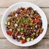 A colorful bowl of chilled Dense Bean Salad, tossed with a tangy lemon dressing for lunch.
