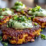 A stack of Crispy Sweet Potato & Red Lentil Patties with a vibrant green avocado dip and fresh lime wedges.