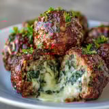 Spinach Garlic Meatballs with melted mozzarella centers served over a bowl of spaghetti and marinara sauce.