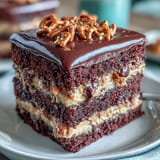 Rich Father's Day Chocolate Peanut Butter Pretzel Cake showing creamy filling and pretzel crunch.