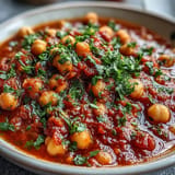 Savory Spanish chickpea stew simmering in a pot, ready to be served.
