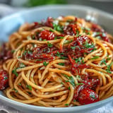 Close up of Smoky Anchovy Tomato Butter Pasta, showcasing tender pasta coated in a glossy sauce.