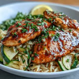 Tender seared chicken, tender orzo, and bright zucchini in a zesty lemon sauce.